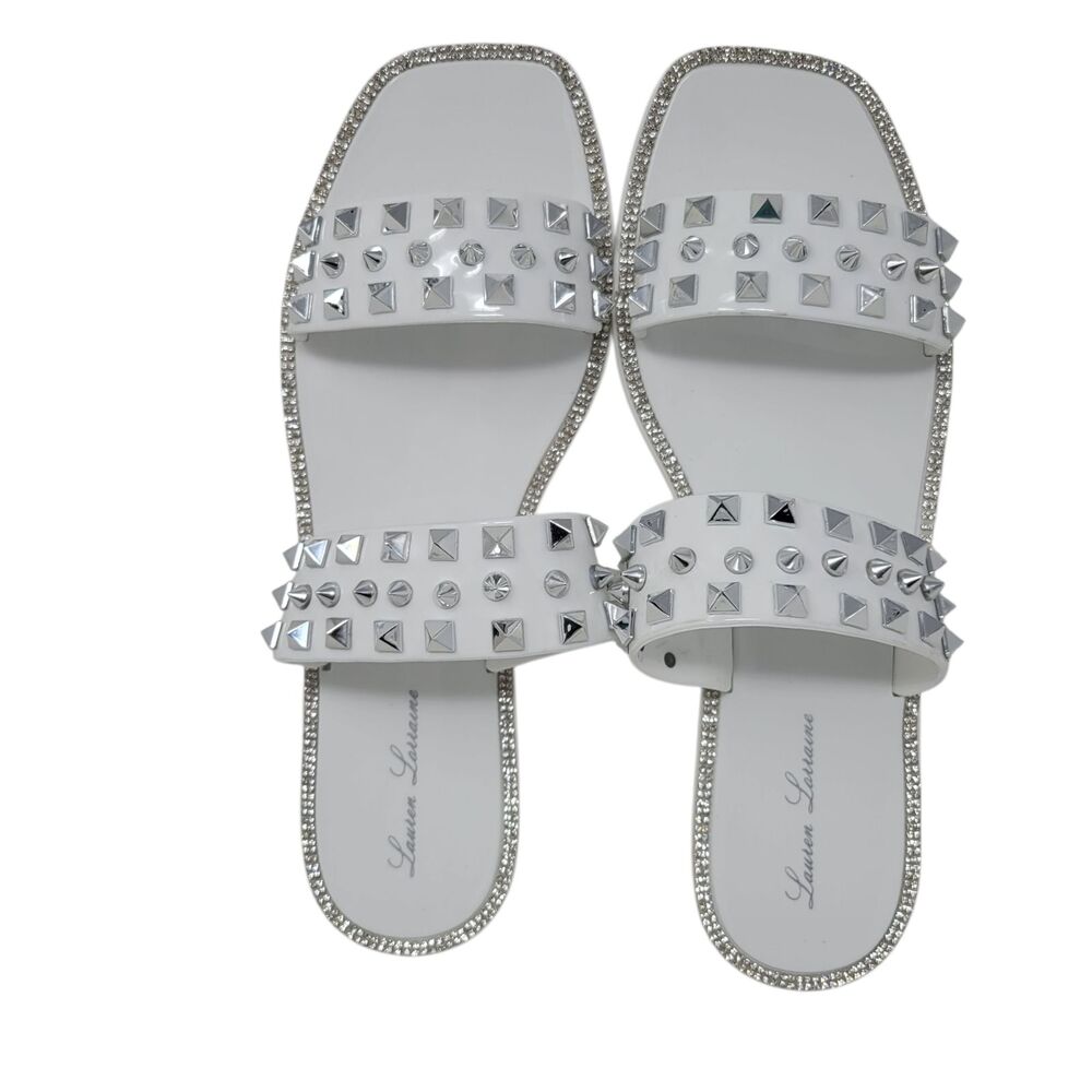 Lauren Lorraine Studley White Jeweled Slip On Slide Sandals Size 9 NEW in Box